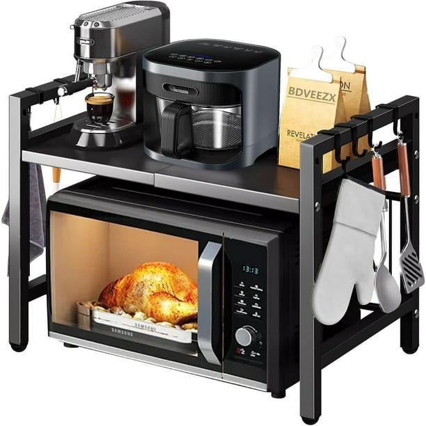 Estante para microondas,Estante de Microondas Extensible y Ajustable Altura de 2 Niveles,Estante de Almacenamiento de Metal para Cocina con 6 Ganchos,para Cocina Encimera Utensilios de Cocina Horno