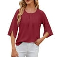 thumbnail image 5 of TKLPEHG Short Sleeve Blouses For Women Crew Neck Pleated Elegant Shirts Loose Comfy Fashion Summer Solid Color Graphic Tee Casual Outfits (Wine,L), 5 of 9