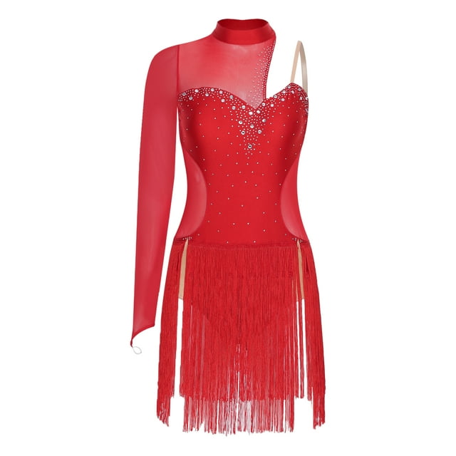 renvena Women's Rumba Samba Tango Salsa Latin Ballroom Dance Dress Asymmetrical Shoulder Tassel Mini Red M