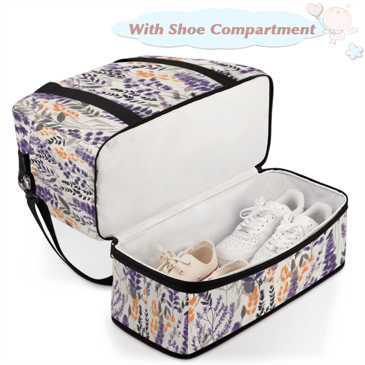 Herdesigns Floral Foldable Travel Duffle Bag for Women and Men Lightweight Carry On Overnight Bag Lavender Gym Luggage Weekender Bags with Shoe Compartment