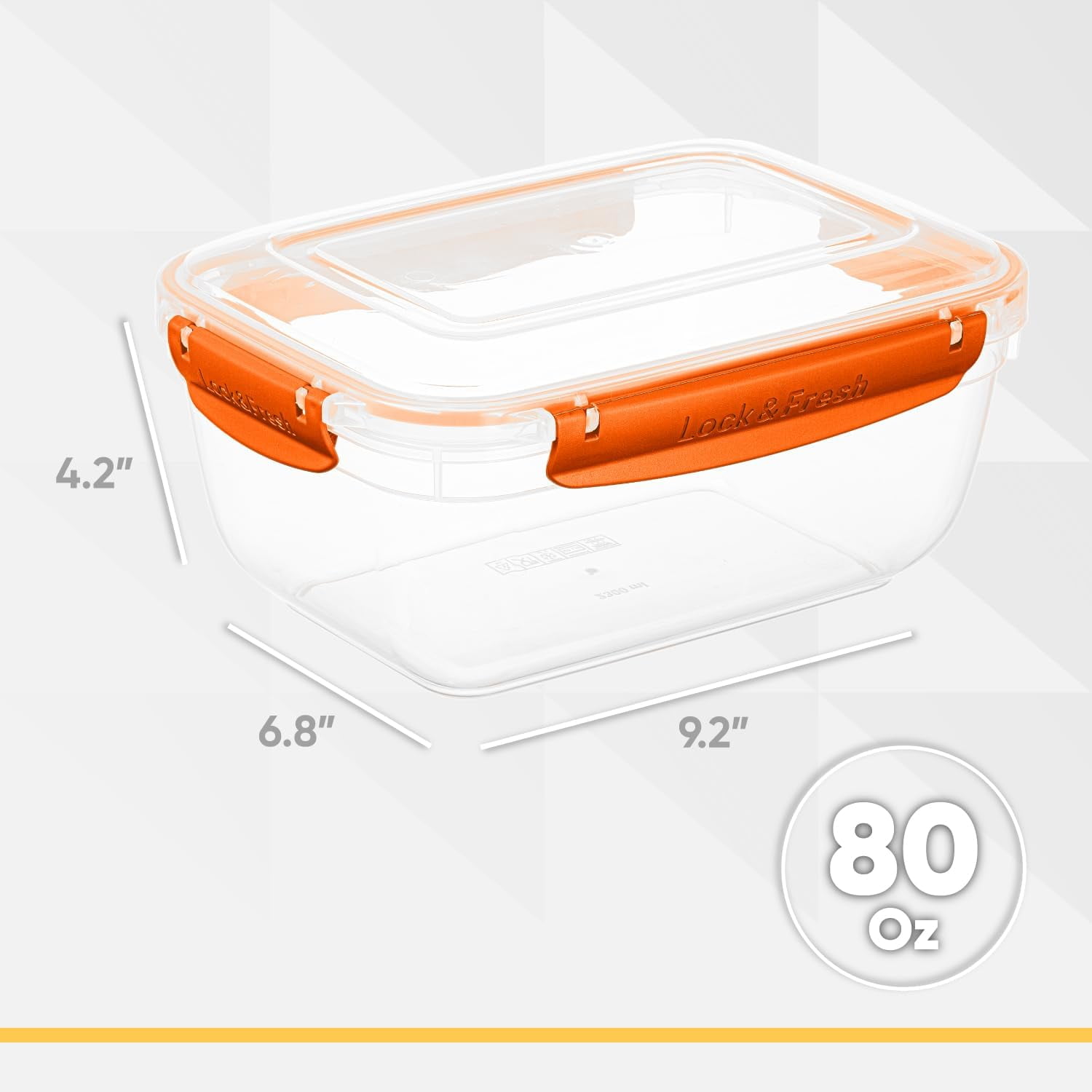 Superio Lock and Fresh Airtight Food Storage Containers with Lids for Kitchen Pantry Organization, BPA Free, Meal Prep Plastic Containers, 80 oz. Rectangular Sealed Container, Orange, 6 pack