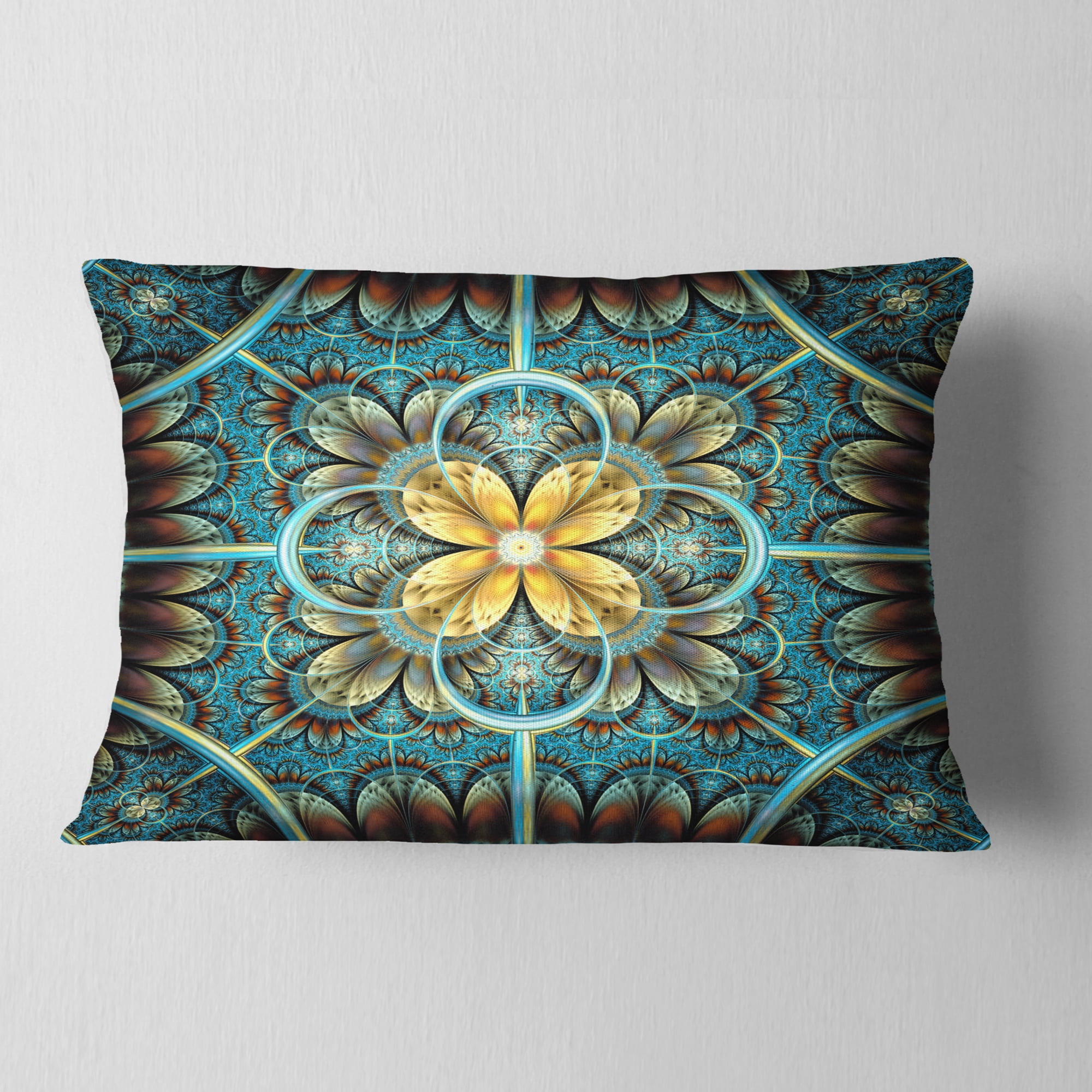 Designart 12" x 20" Contemporary and Modern Blue Fractal and Flower Polyester Throw Pillow