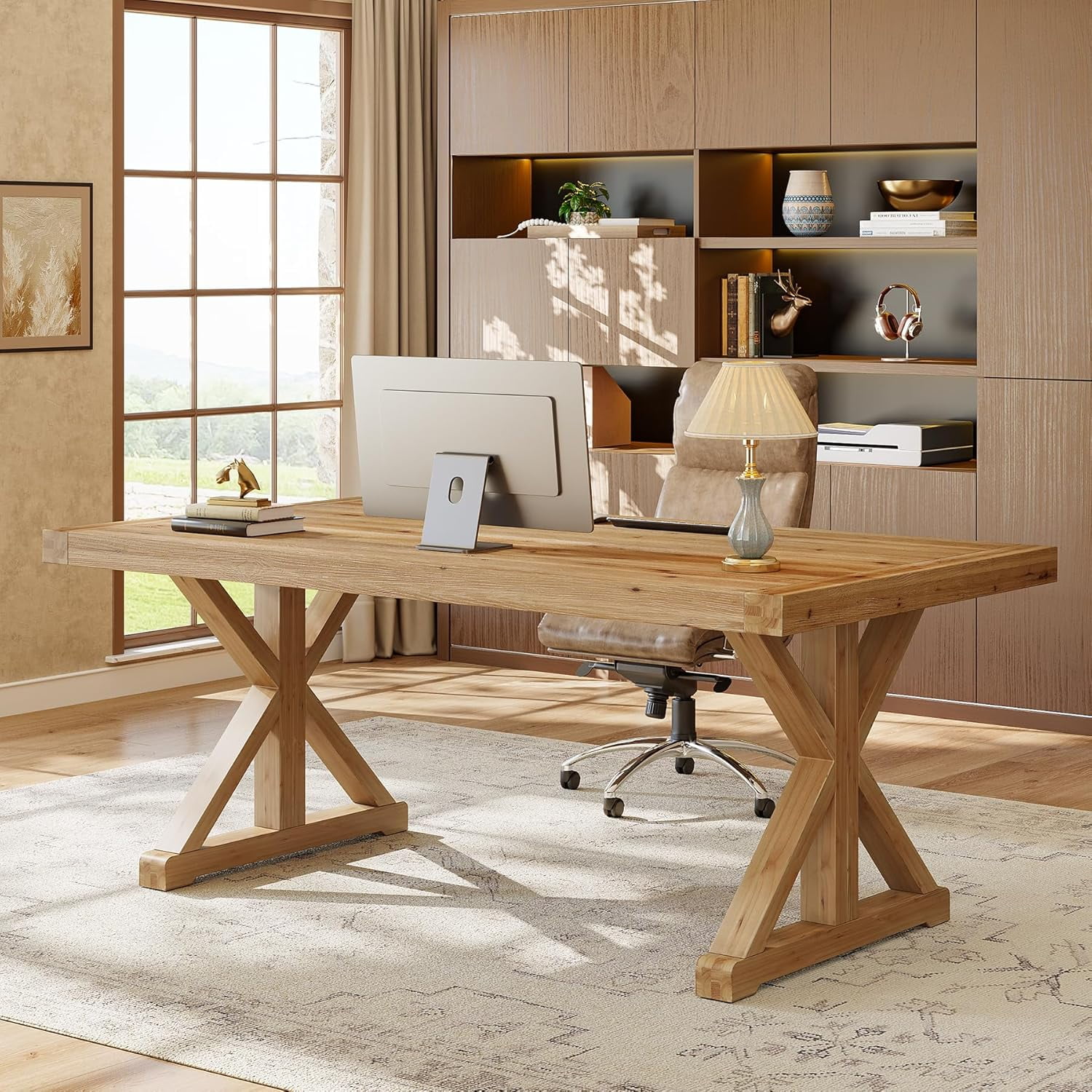 Finmind 63" Solid Wood Executive Desk, Large Simple Writing Study Table for Home Office, Brown