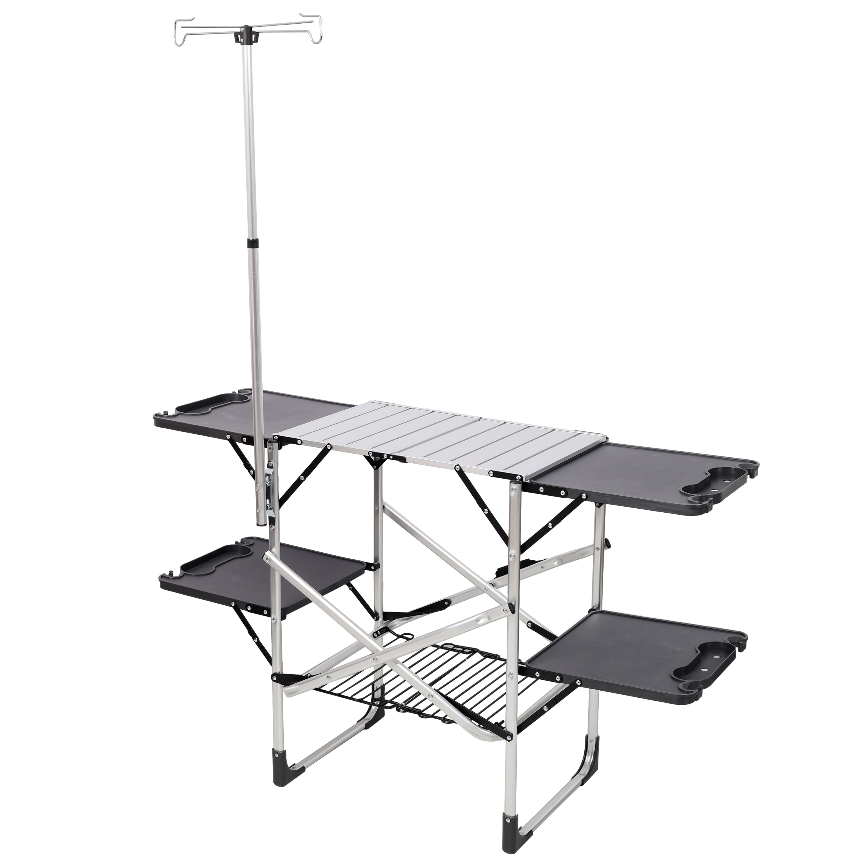 Folding Camping Cooking Station with Heat Resistant Top, 4 Side Tables, Storage Rack & Lamp Post, Portable Outdoor Kitchen Prep Table for Picnic Tailgating Camping