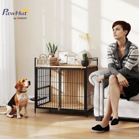 Dog Crate Furniture with Rotating Bowls, 30 Inch Pet Kennel End Table for Medium Dogs, Oak