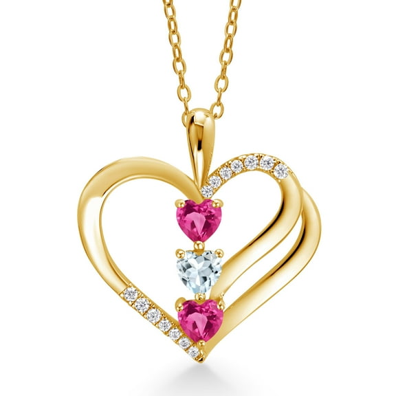 18K Yellow Gold Plated Silver Pink Created Sapphire and Aquamarine and White Moissanite 3-Stone Pendant Necklace for Women (1.35 Cttw, September Birthstone, Heart Shape 4MM, with 18 inch Silver Chain)