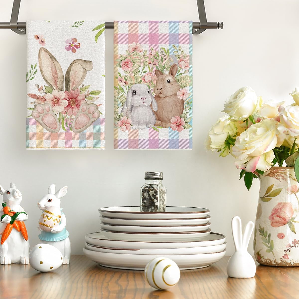 2 Piece 18x26 Inch Buffalo Plaid Bunny Kitchen Dish Towel Super Absorbent