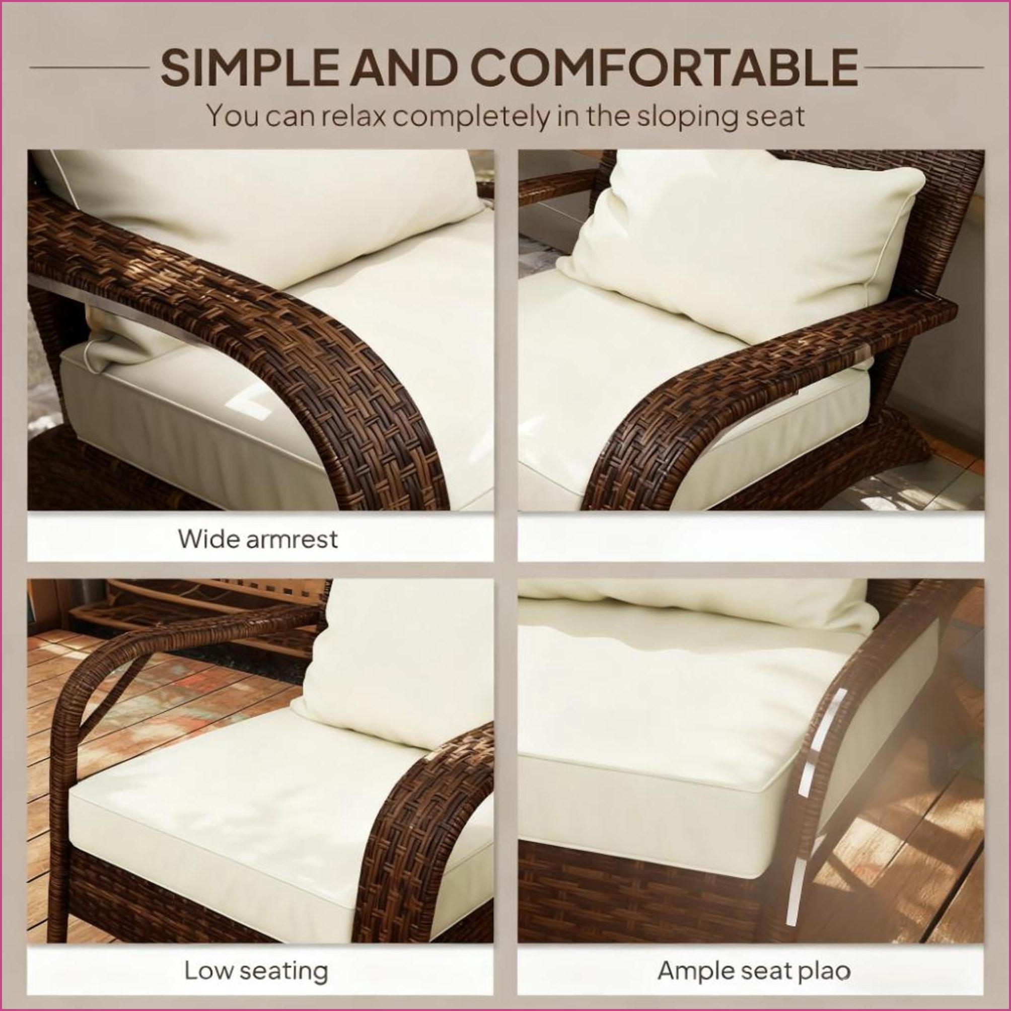 Outdoor Adirondack Chair with Tall Curved Backrest, Soft Cream Cushions | Walnut Brown Wicker | Rattan,Steel,Polyester