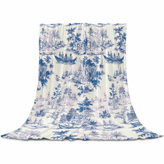 Blue Garden Vintage Flannel Blanket for Bed, Modern Art Building Boat Tree Soft Cozy Warm Couch Throw Blanket, Lightweight Fluffy Plush Bedding Blankets for Sofa Decor All Season 50"x60"