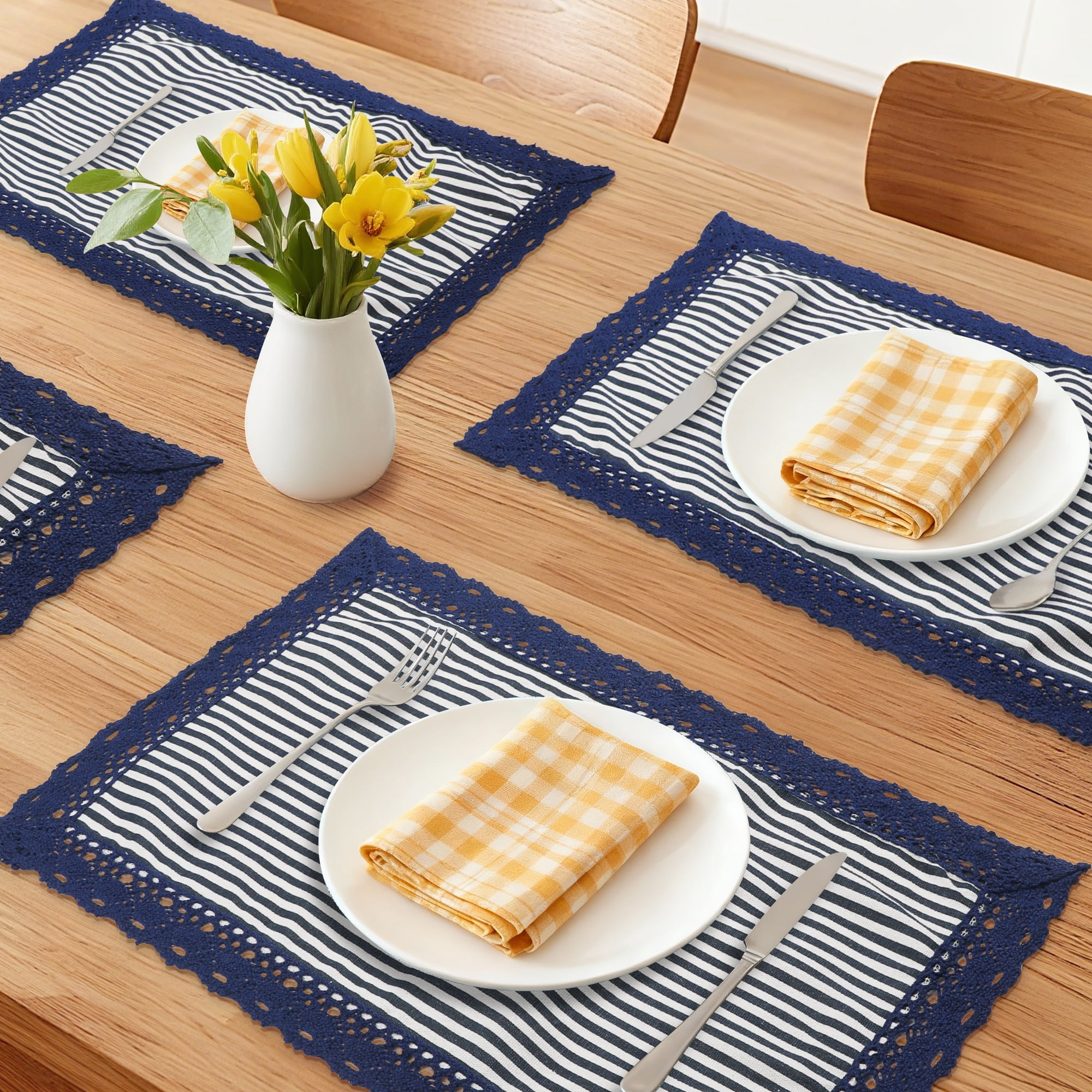 Unique Bargains Set of 6 Rustic Washable Table Mat Placemats with Lace Trim Blue