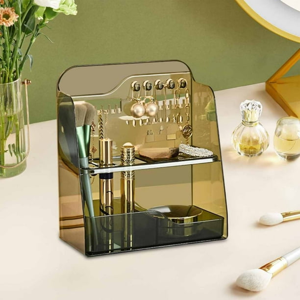 Organizador Cosmético Giratorio, Caja de Almacenamiento de Escritorio de 360°, Plástico Transparente o Verde, 9x8x3.6in, Joyero con Tapa, Contenedor de Maquillaje Multicapa para Tocador de Baño