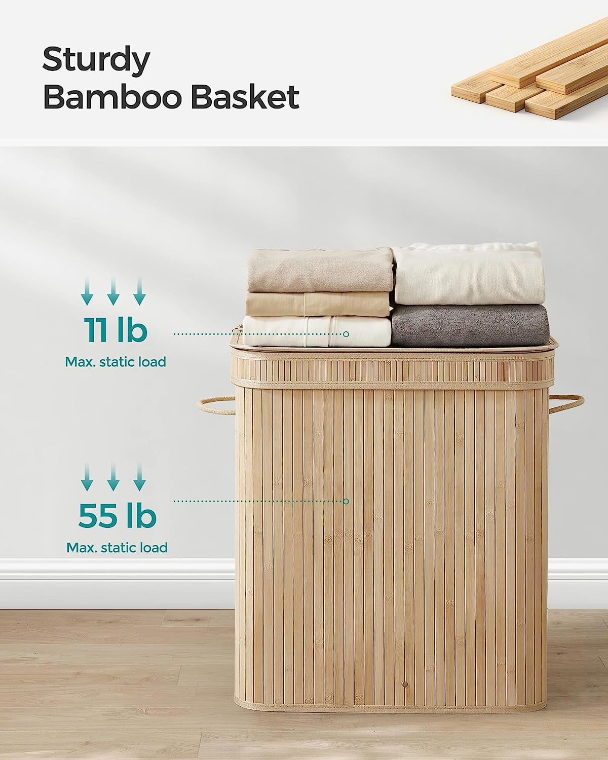 100L Laundry Hamper with Lid Bamboo Laundry Basket with Liner Bag Foldable Storage Hamper with Handles Natural