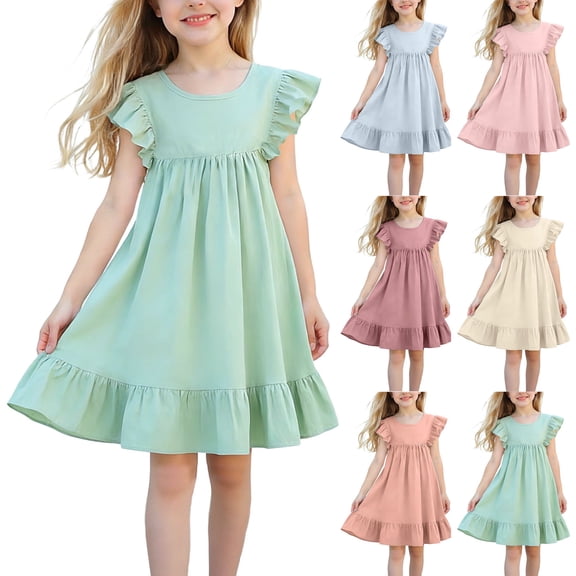 Gytharion Kids Sleeveless Sundresses for Girls 1-7 Years, Summer Solid Casual Crew Neck Cotton Linen Beach Dress Flowy A-Line Ruffled Swing Princess Dress with Flutter Sleeves