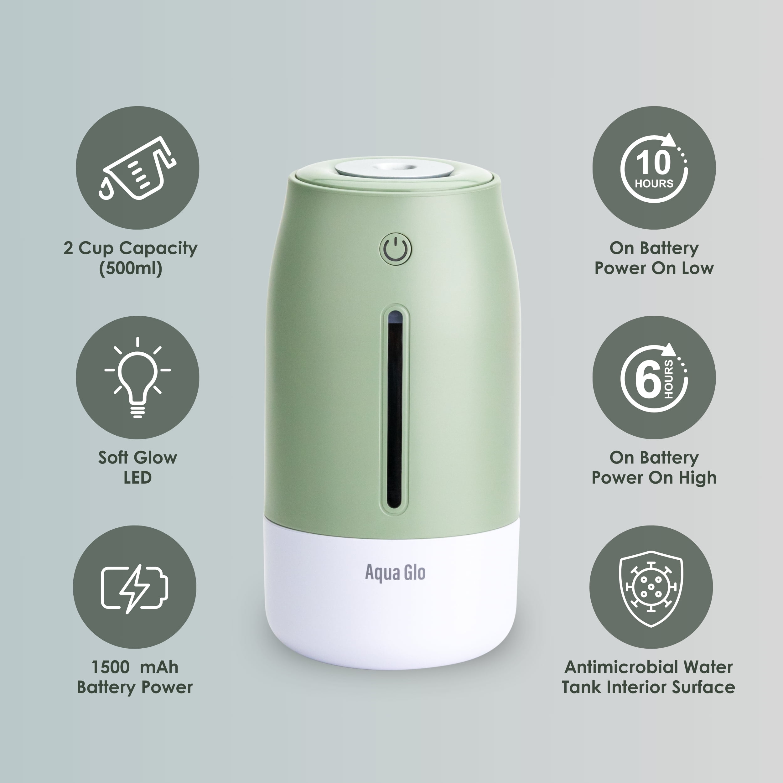 Airvana Aqua Glo Personal, Portable Humidifiers for Bedroom – Ultrasonic Cool Mist Humidifier with Built In Rechargeable Battery. Air Humidifier for Baby, Plants, Home, Office, Travel. Mint Green