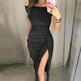 thumbnail image 2 of Rvkxad Casual Summer Dresses for Women Under $10 Off Shoulder Ruched Bodycon High Split Dresses Evening Party Cocktail Formal Elegant Maxi Dress Black S, 2 of 5