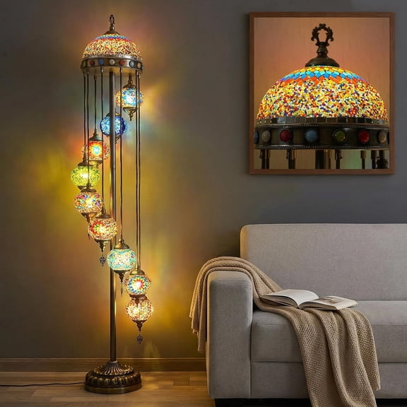 MINESTIA  77" Turkish Floor Lamp with 9 Large Colorful Mosaic Globes, Tiffany-Style Standing Lamp with Top Shade for Decorative Home