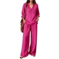 thumbnail image 3 of Women Lounge Sets 2 Piece Cotton Linen Outfits Summer Casual Long Sleeve V Neck Pullover Top Wide Leg Pants Matching Sets Trendy Clothes Going Out Suits for Womens Hot Pink S, 3 of 8