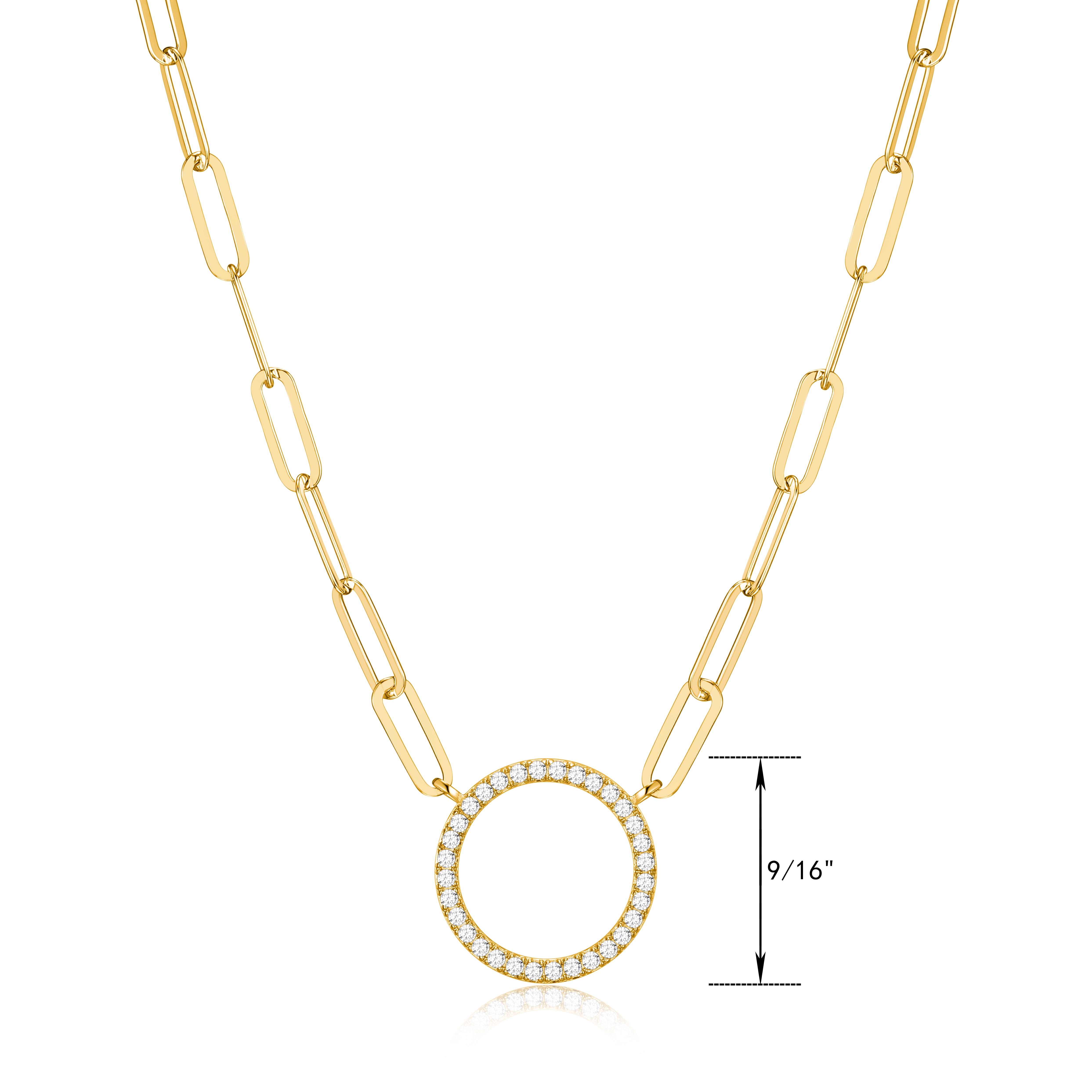 Cubic Zirconia Lined Circle 18K Gold Over Sterling Silver Paperclip Necklace Gift for Her, 18" + 2" Extension