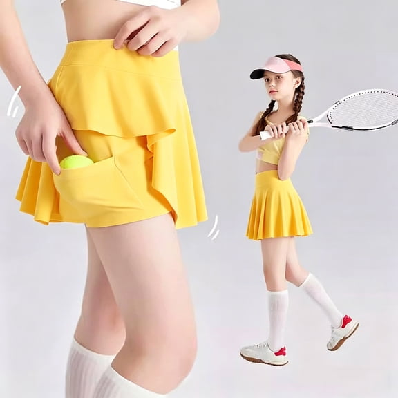 Girls Tennis Skirts, Casual Cute Kids Girls Athletic Skorts with Pocket Liner, 2 in 1 High Waist Workout Sports Quick Dry Running Shorts(Yellow,5-6 Years)