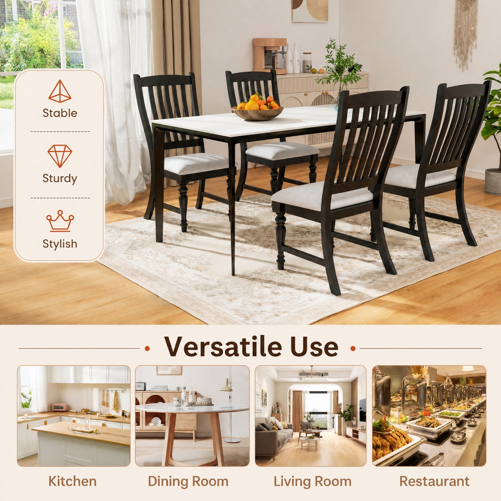Furnibear Dining Chairs Set of 2 Upholstered Kitchen Side Chairs with Solid Wood Legs and Padded Seat for Dining Room, Black