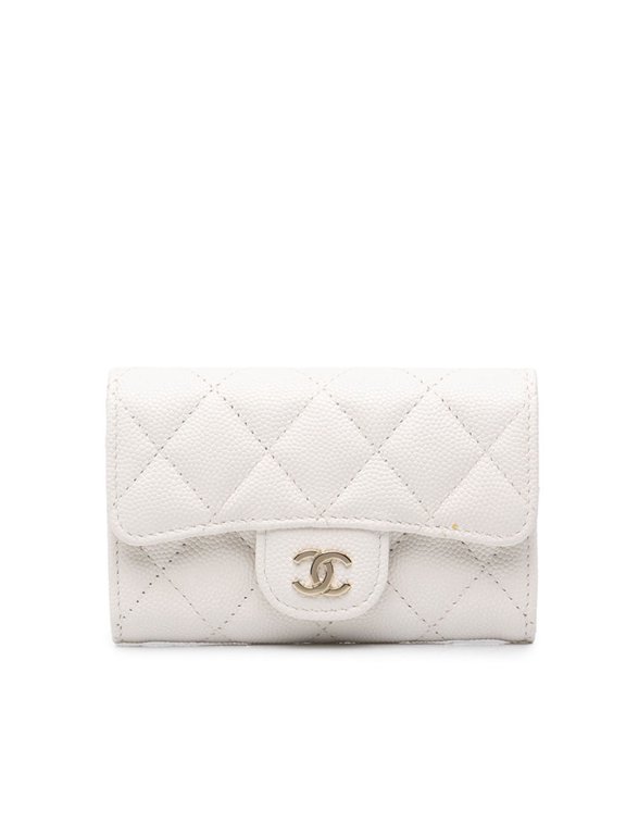 Pre-Owned Chanel Coco Mark Matelassé Business Card Holder/Card Case, White Caviar Leather,...