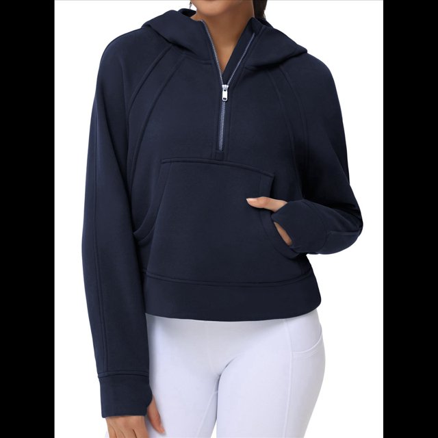 Sudadera con Capucha para Mujer, de Larga, Corta, con Media Cremallera y Bolsillos con Orificio para el Pulgar. Azul Marino M
