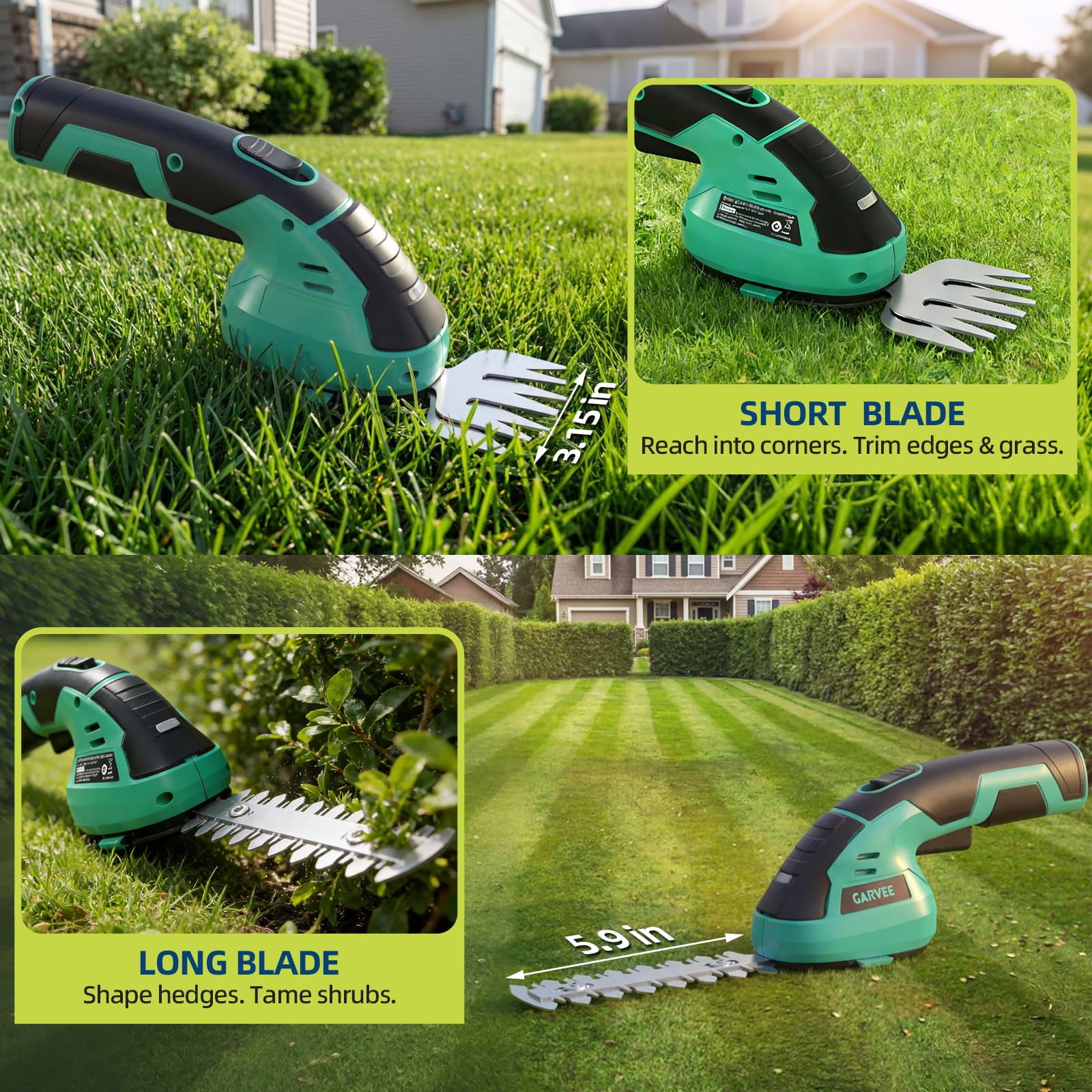 Garvee 2 in 1  Cordless Hedge Trimmer, 7.2V Electric Handheld Bush & Shrub Trimmer Kit with Rechargeable Battery, Lake Blue