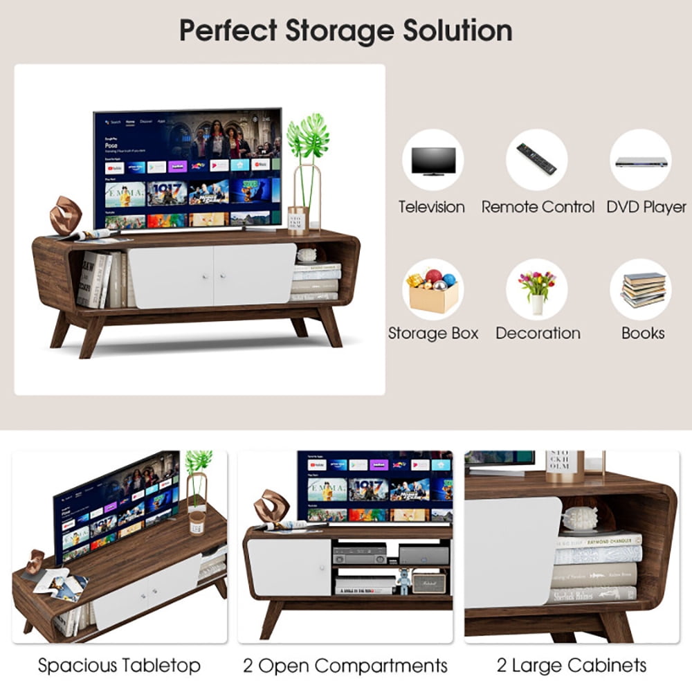 Finihen TV Stand, TV Cabinet, Sliding Door TV Stand with Adjustable Shelf for TVs up to 55 Inch, for Living Room, Bedroom, Walnut