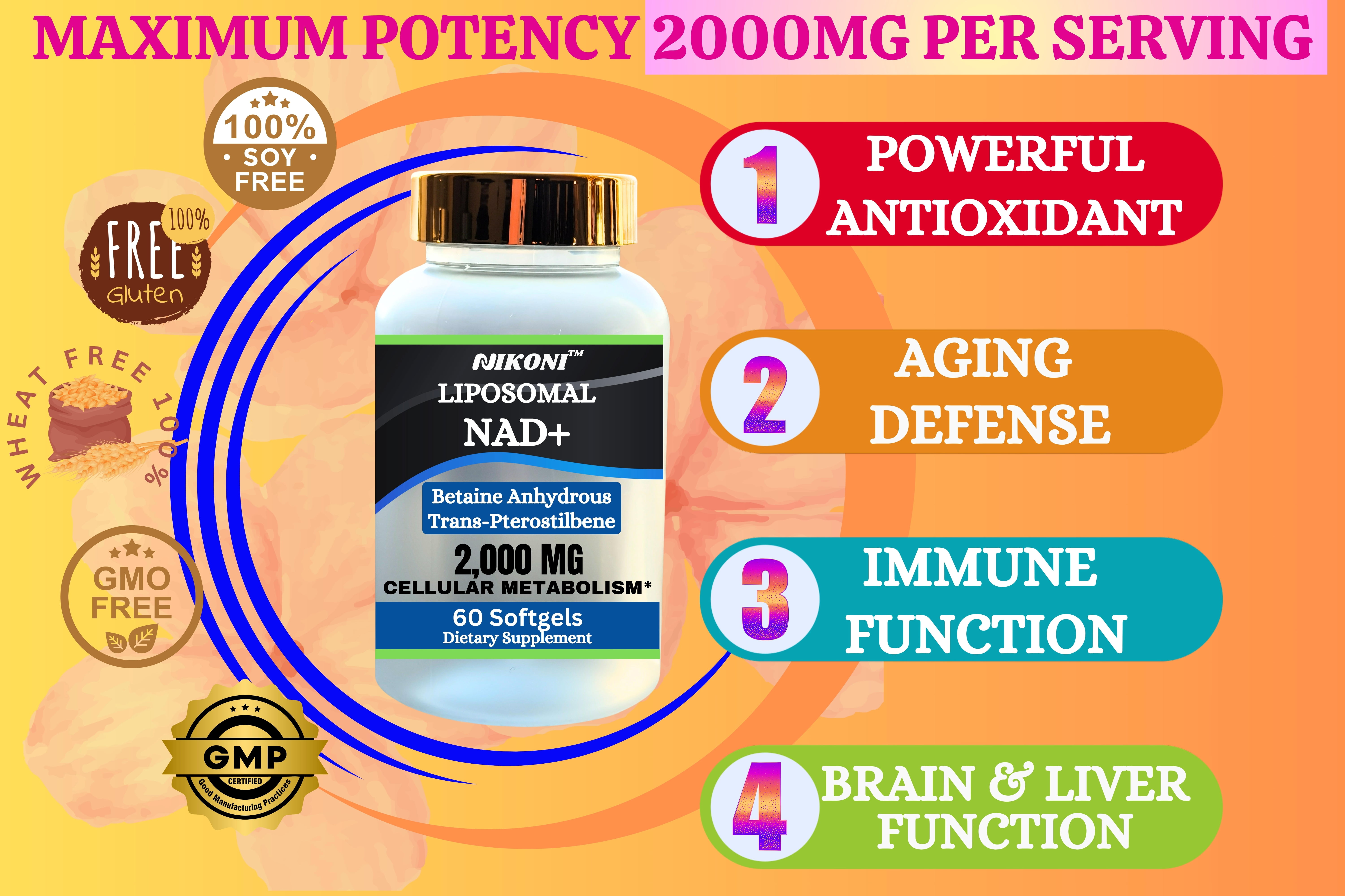 Nikoni Liposomal NAD+ Supplement, 2000 mg NAD with Betaine, Supports Cellular Energy & Metabolism – 60 Softgels