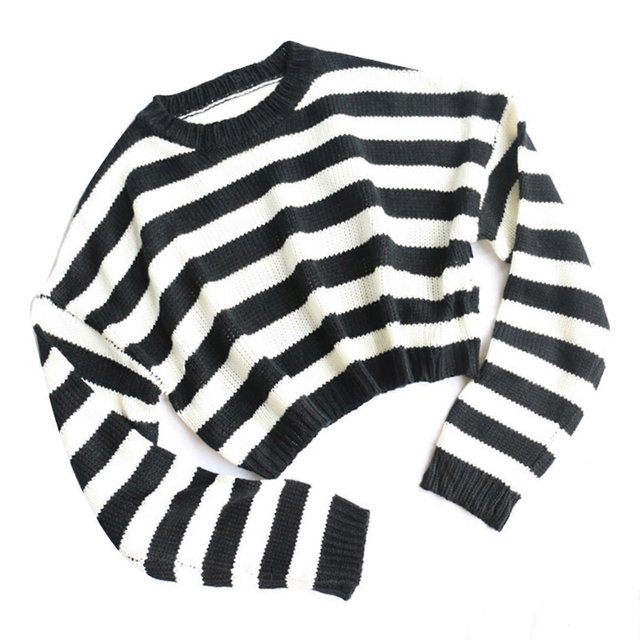 Vintage Knit Tops Black White Striped Sweater with Long Sleeves Loose Crop Sweaters Autumn Fall Crewneck Sweaters Gifts M