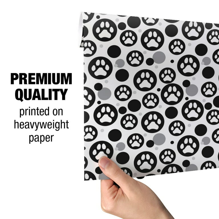 Paw Print Dog Cat White on Black Premium Gift Wrap Wrapping Paper