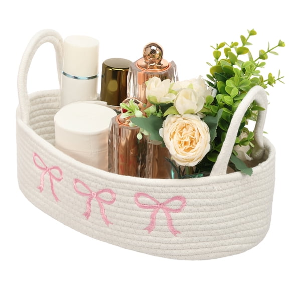 Austok White/Pink Bow Woven Storage Basket with Handle Boho Bowknot Cotton Rope Woven Bathroom Vanity Organizer Bin Toilet Paper Storage Basket Baby Essential Organizer Bathroom Decor