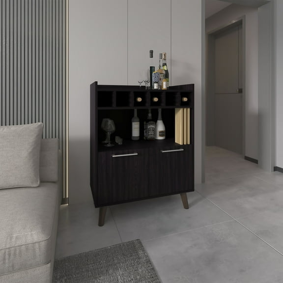 Bar Cabinet In Black And Natural Oak For Efficient Storage With 2 Doors 1 Shelf Modern Style