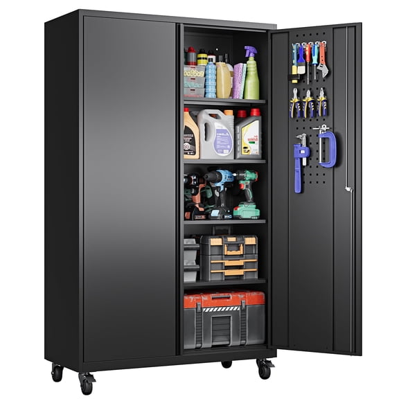 AUHUP Wider & Deeper Metal Storage Cabinet with Wheels,Tall Rolling Garage Storage Cabinet with Pegboards,Black Garage Metal Cabinets with Lock and Shelves, 43''Wx 20''Dx71"H