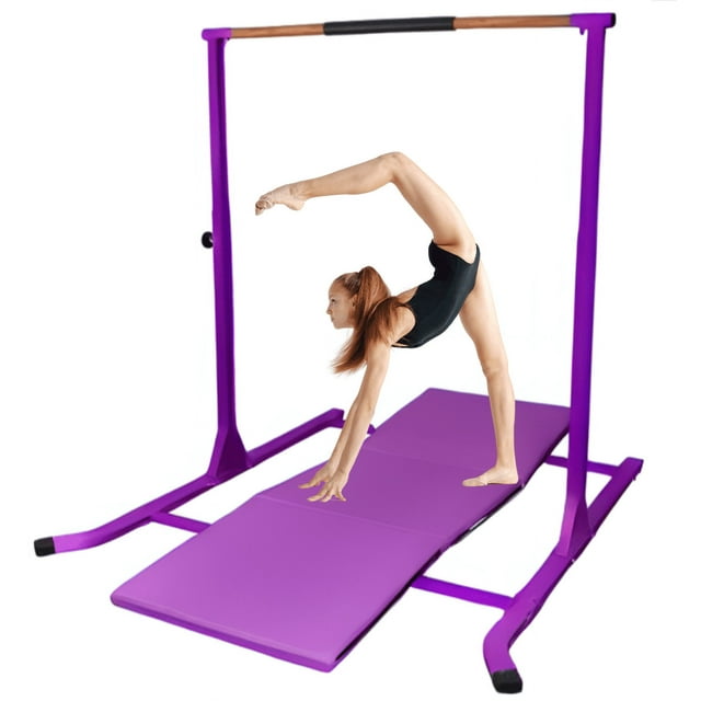 ToyKraft Gymnastics Bar Horizontal Kip Bar 2 in 1 Set, 6'x2' Tumble Mat for Gymnasts Training Jungle Gym Monkey Bar Exercise Bar, Expandable for Children and Adults Adjustable Height 3 to 5 Purple
