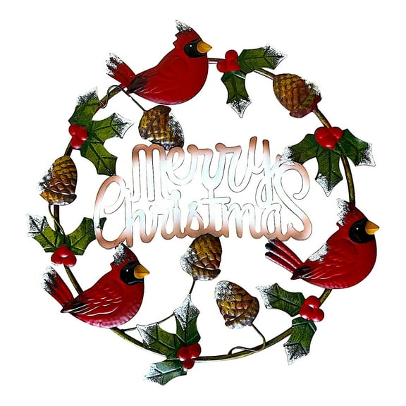 17" Cardinal Merry Christmas Wreath Metal Ornament Rustic Wall Front Door Decor Indoor Outdoor Winter Holiday Decoration