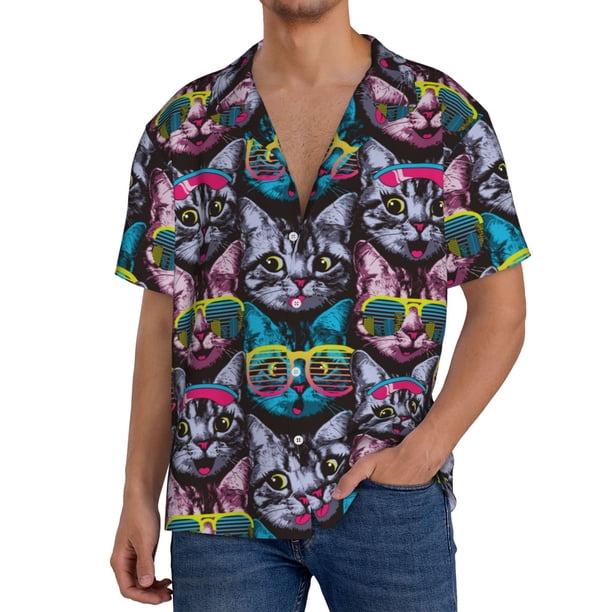Fotbe Happy Kitten Faces Camisa Estampada de Manga Corta para Hombre, Casual de Verano, Estilo Playero, Sin Arrugas-Small