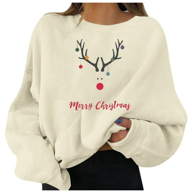Aocisk Chandail à Col Rond à Manches Longues pour Femme avec Imprimé Graphique de Noël, Haut Décontracté à Motif Festif, Beige, TTG