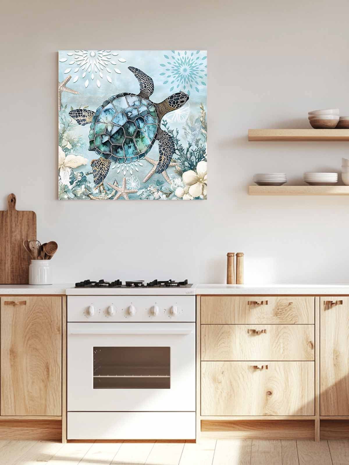 Ocean Turtle Canvas Wall Art, Marine Life Starfish Coral Retro Framed Wall Decor Modern Artwork Prints Painting for Living Room, Bedroom, Kitchen & Cafe Decor 16x16 Inch
