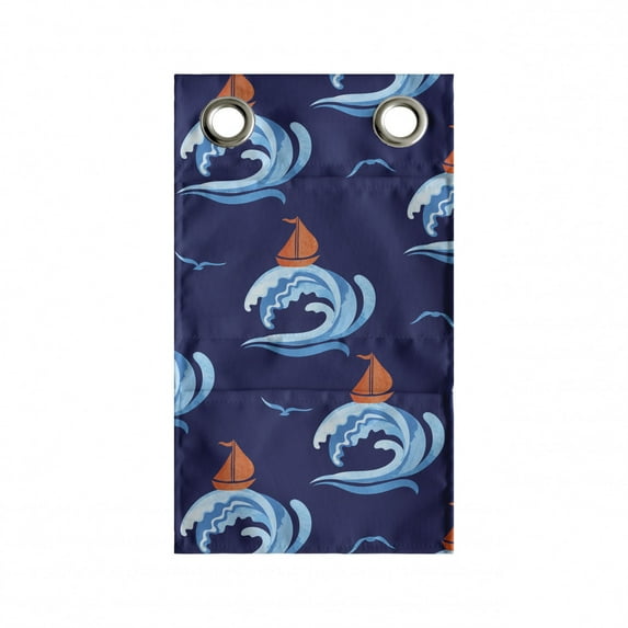 Sea Hanging Pocket Organizer, Ship Boats on Scrolling Ocean Waves with Seagulls Flying in the Sky, Printed Polyester Storage Bag with Pockets, 9" x 27", Vermilion and Night Blue
