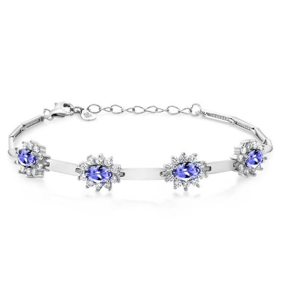 Gem Stone King 925 Sterling Silver Blue Tanzanite and White Created Sapphire Bracelet for Women (3.40 Cttw, Gemstone December Birthstone, Oval 6X4MM, 7 inch   1 inch Extender)