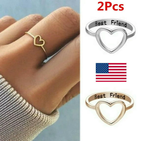 EOEMY 2Pcs Love Heart Best Friend Ring Promise Friendship Wedding Ring Band Jewelry.