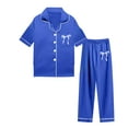 thumbnail image 3 of SonxaHe Little Girl's Silk Outfits Sleepwear Short Sleeve Shirt Pants Kids Comfy Loose Loungewear Nightwear Outfits Blue,Sized 5-6, 3 of 3