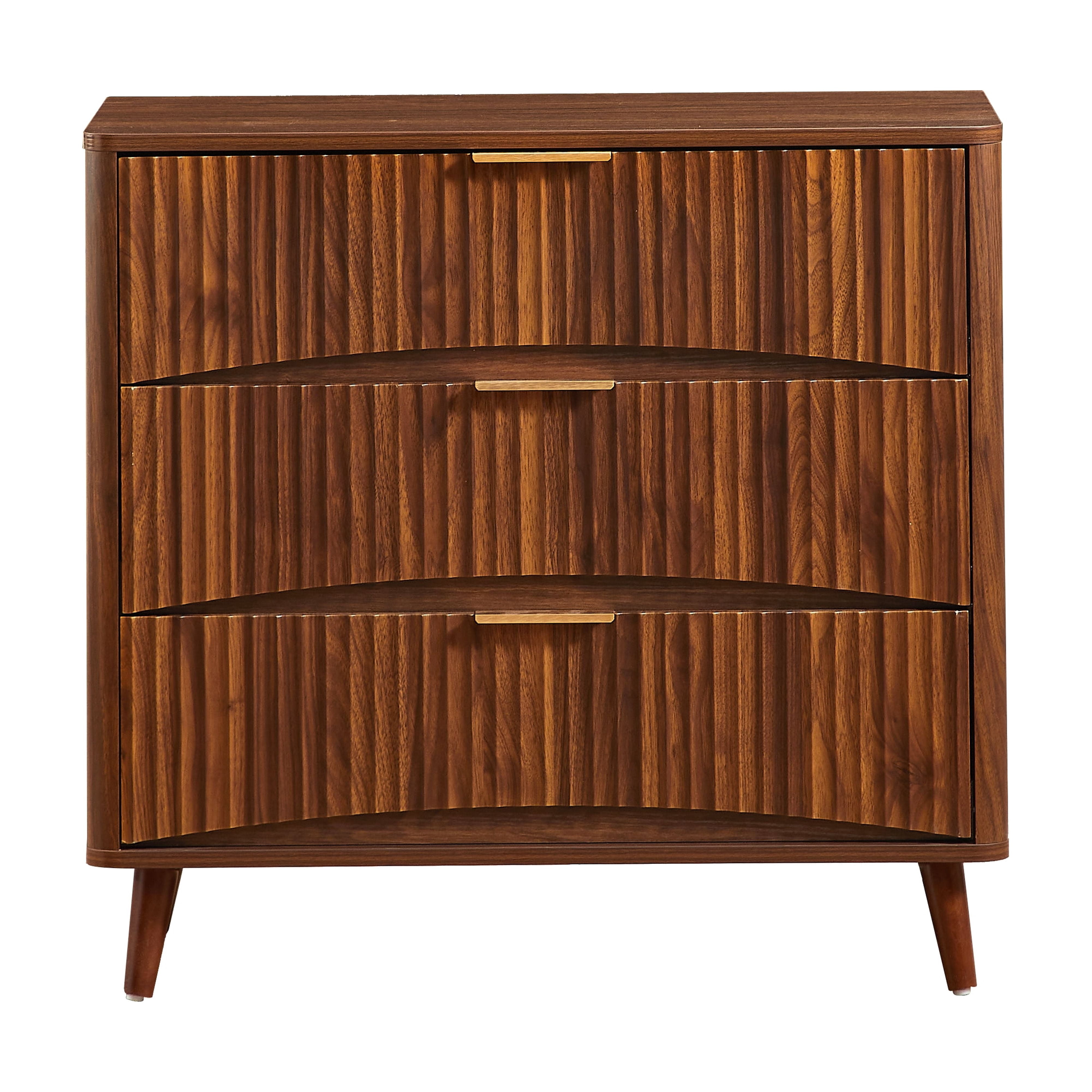 3 Drawer Dresser, Tall Chest of Drawers with Vertical Grooved Design, Solid Wood Storage Cabinet with Metal Handles for Bedroom Living Room, Walnut (31.5"W x 15"D x 30"H)