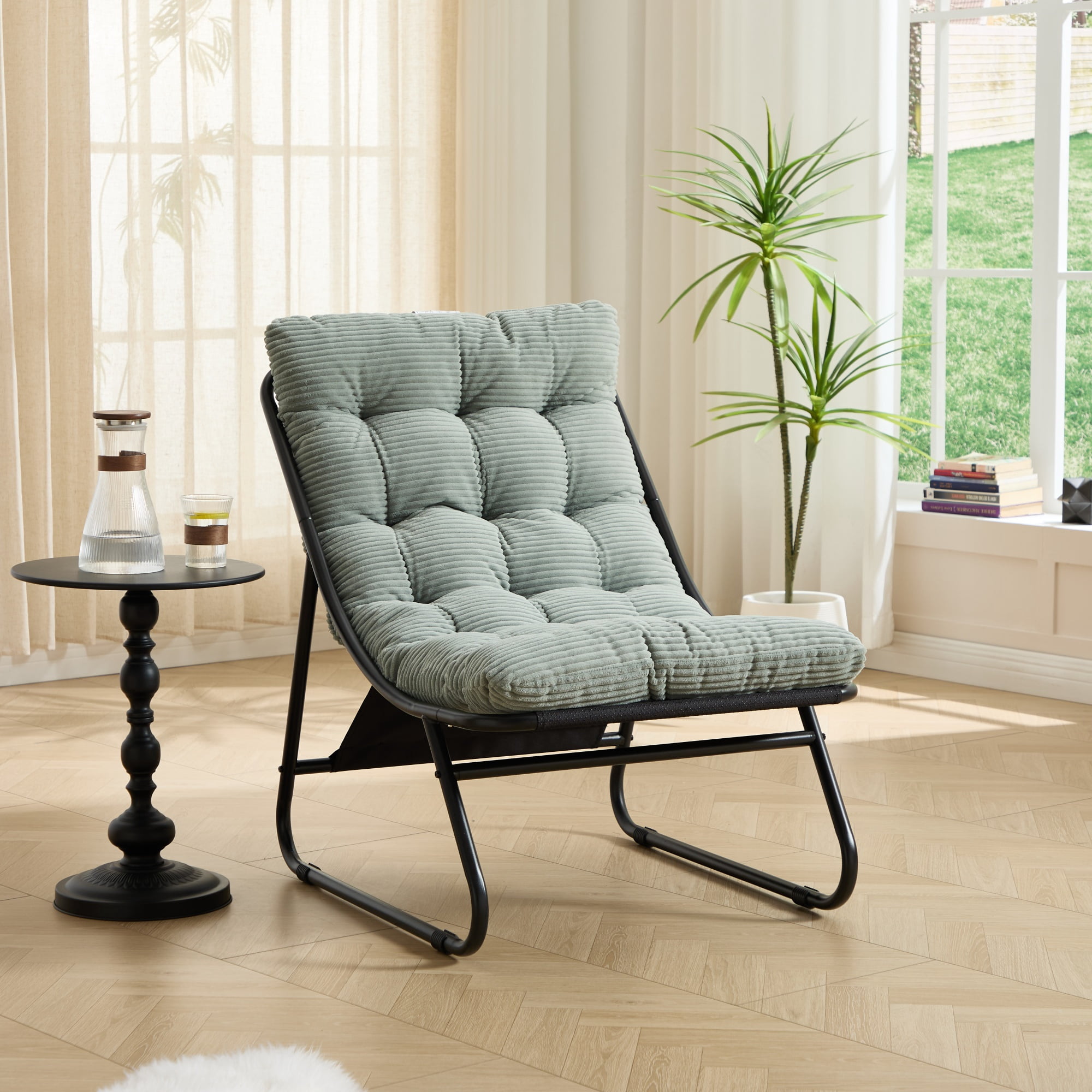 Outdoor Lounge Chair with Ottoman, Patio Sling Recliner with Puffy Cushion, Comfy Chaise Lounge with Foot Stool for Patio, Pool, Backyard, Black/Light Green