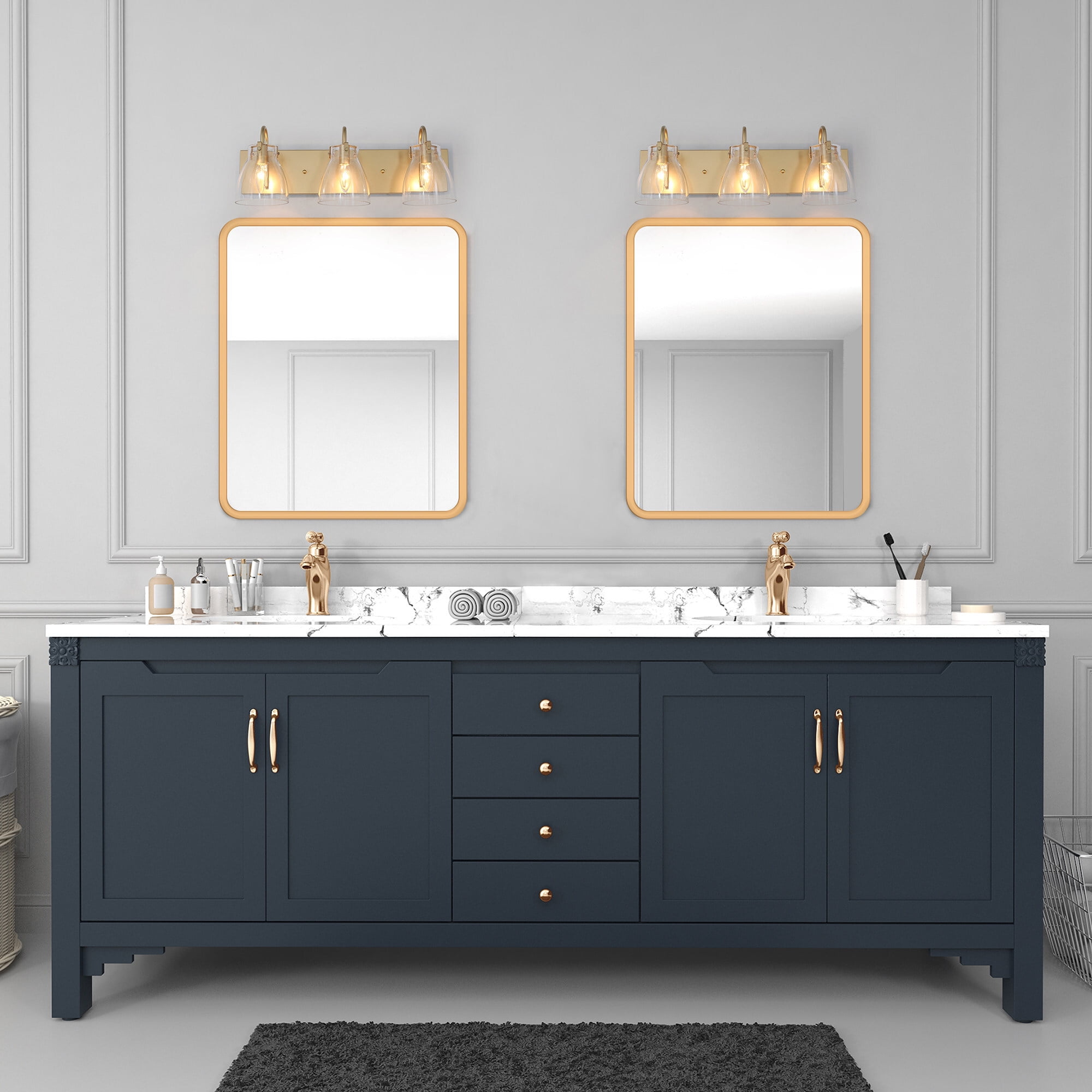 LNC 3-Light Gold Cylinder Clear Glass Modern Bathroom Vanity Lighting Fixutre