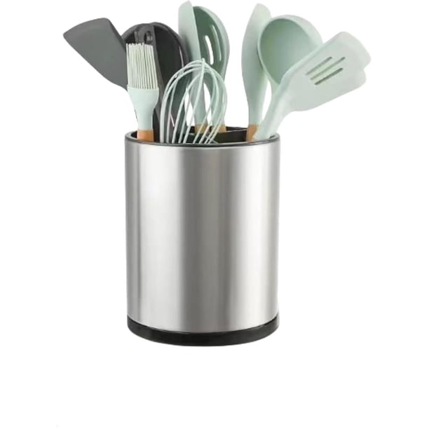 Soporte para utensilios de cocina extragrande con rotación de 360° para encimera, organizador de acero inoxidable, con 3 compartimentos para cubiertos, cucharas, espátulas y cubiertos (plateado).