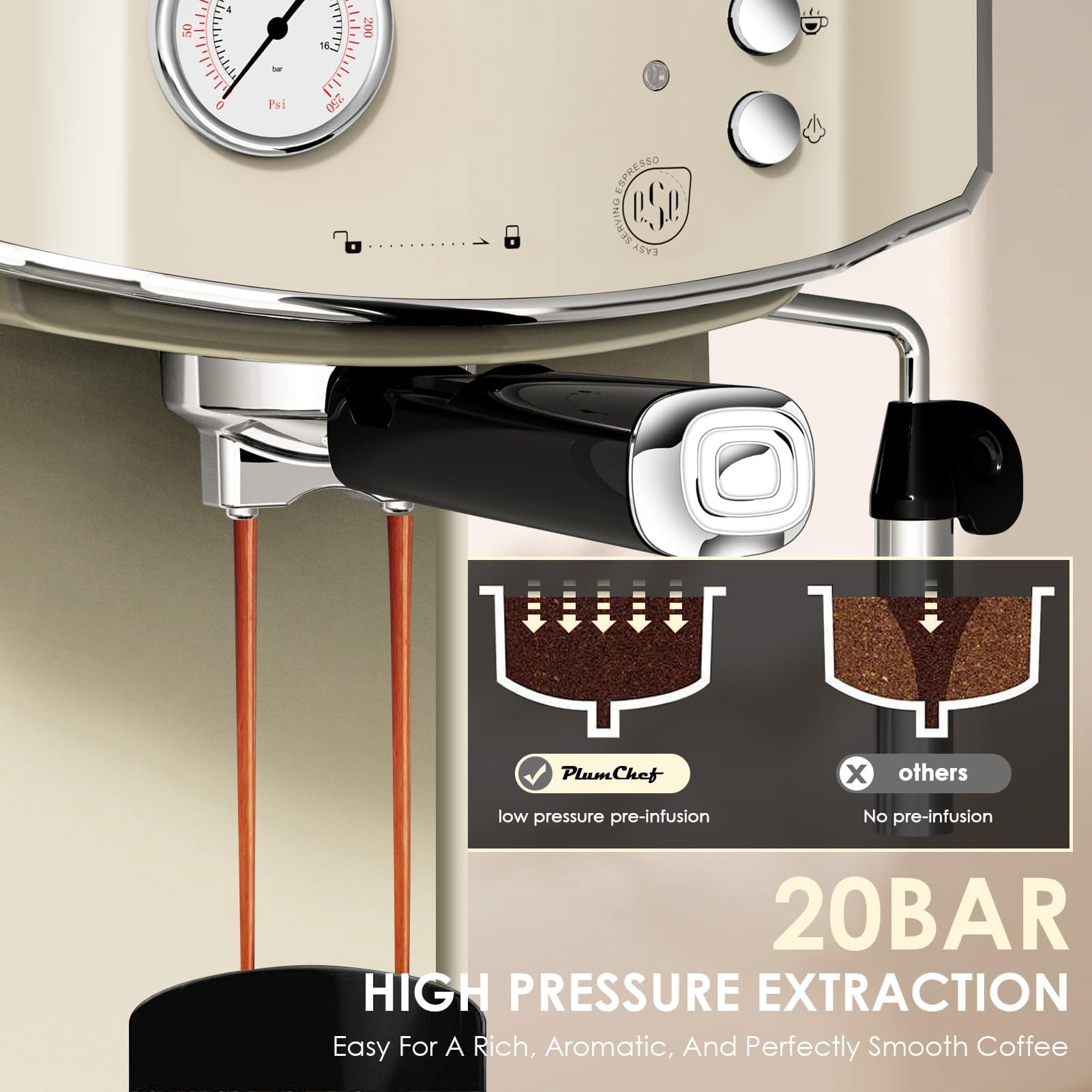 20 Bar Espresso Machine with Milk Frother, ESE Pod Compatible, Pressure Gauge, 54 oz Food-Grade PP Removable Water Tank, Ideal for Home Barista,Griege