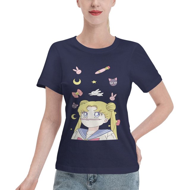 T-Shirt Basique à Manches Courtes pour Femmes Sailor Moon Lièvre Lunaire