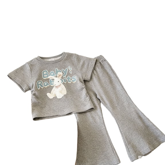 Hrsba Toddler Girl Outfits Round Neck Short Sleeve Print Top And Elastic Waist Thin Pants Lightweight Homewear 2 Piece Set